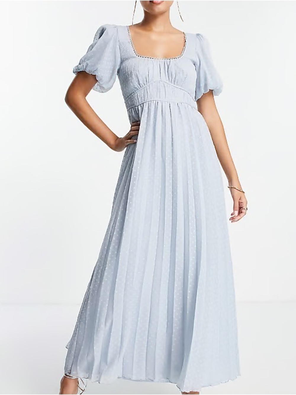 ASOS Light Blue Pleated Maxi Dress with Puff Sleeves